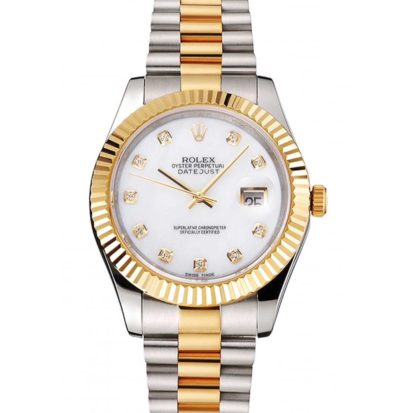 Aaa replica watch Hour Steel Tone Diamond Swiss Rolex Case White Bracelet Two Marks Bezel Datejust Stainless Dial Gold 0803